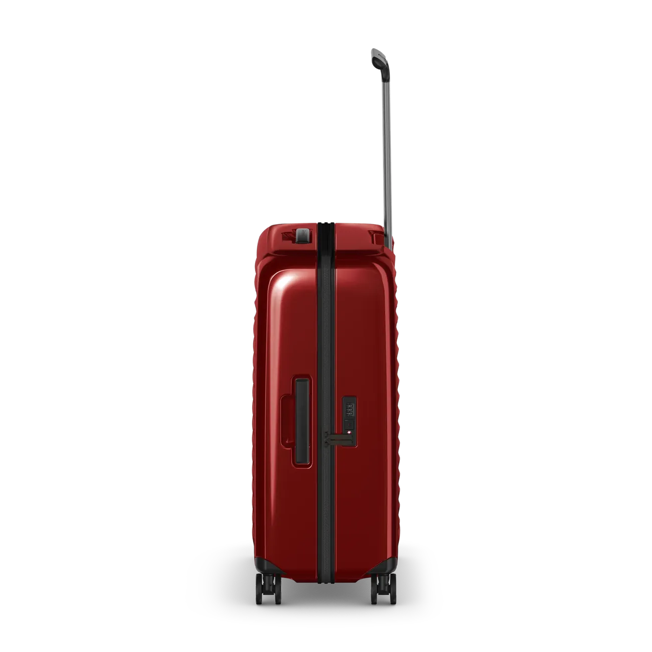Red hardshell rolling suitcase with an extendable handle and wheels.