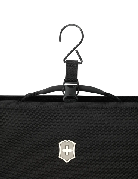Black garment bag with a Swiss Army logo hanging from a hook.
