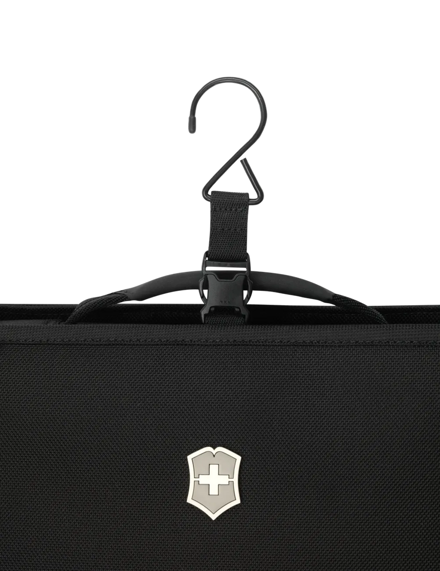 Black garment bag with a Swiss Army logo hanging from a hook.