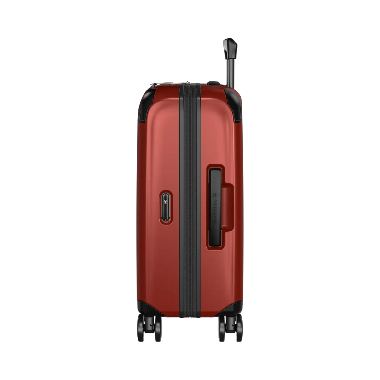 Red hardshell rolling suitcase with black trim and wheels.