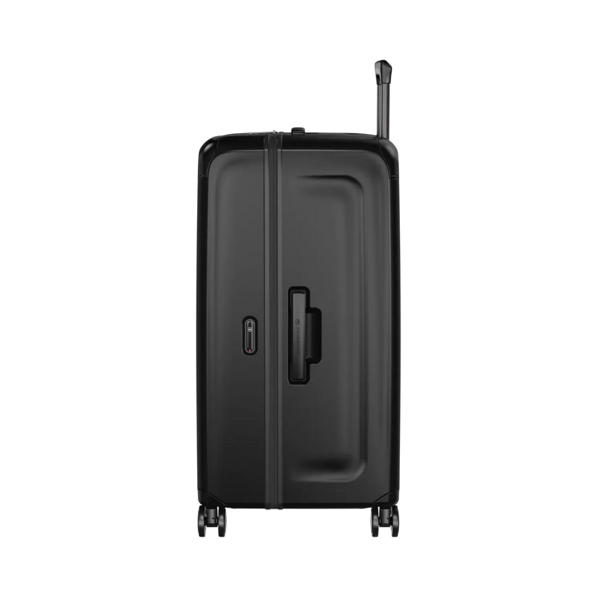 Black hardshell suitcase with wheels and a retractable handle.
