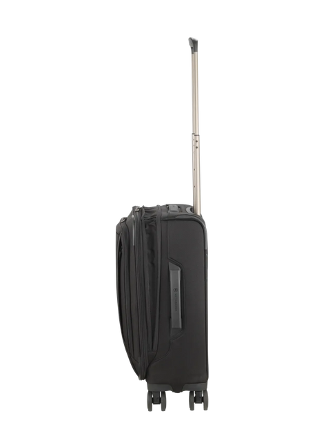 Black wheeled carry-on suitcase with an extendable handle.