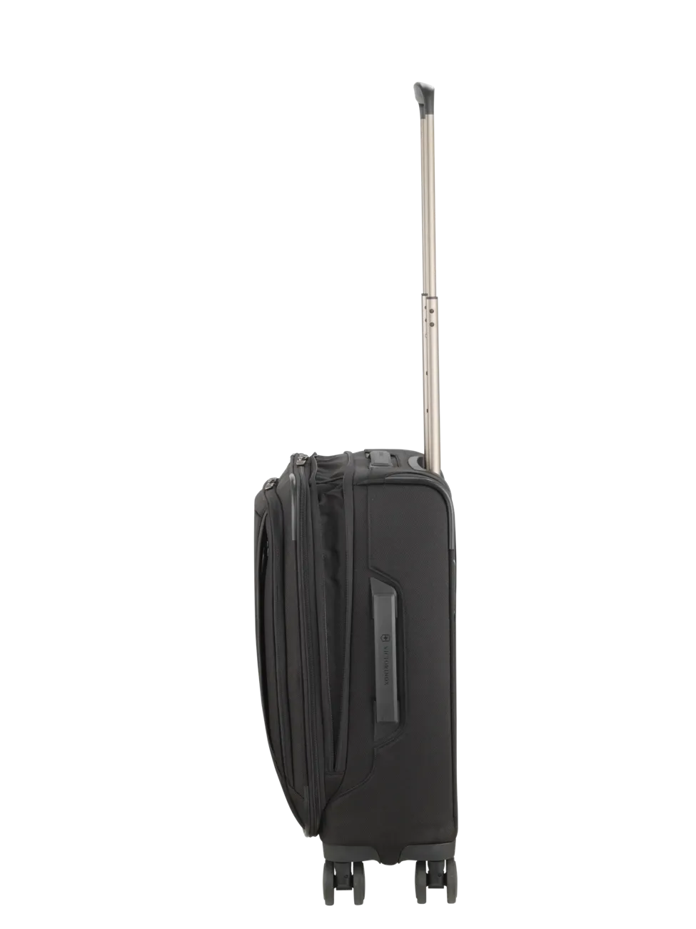 Black wheeled carry-on suitcase with an extendable handle.