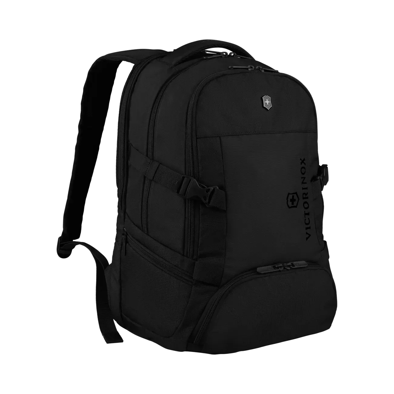 Black backpack with multiple compartments and straps.