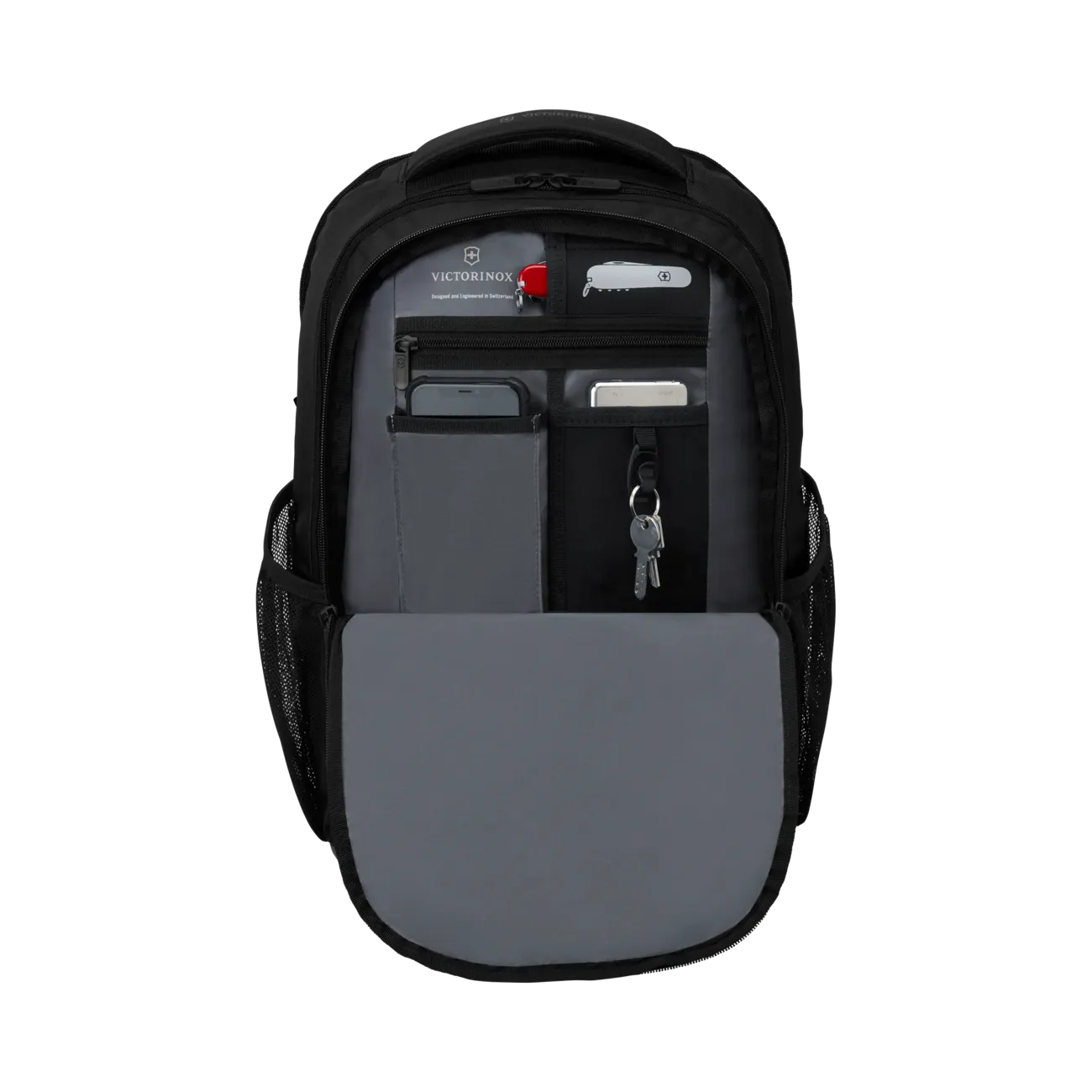 Black backpack with multiple compartments and pockets visible in an open view.