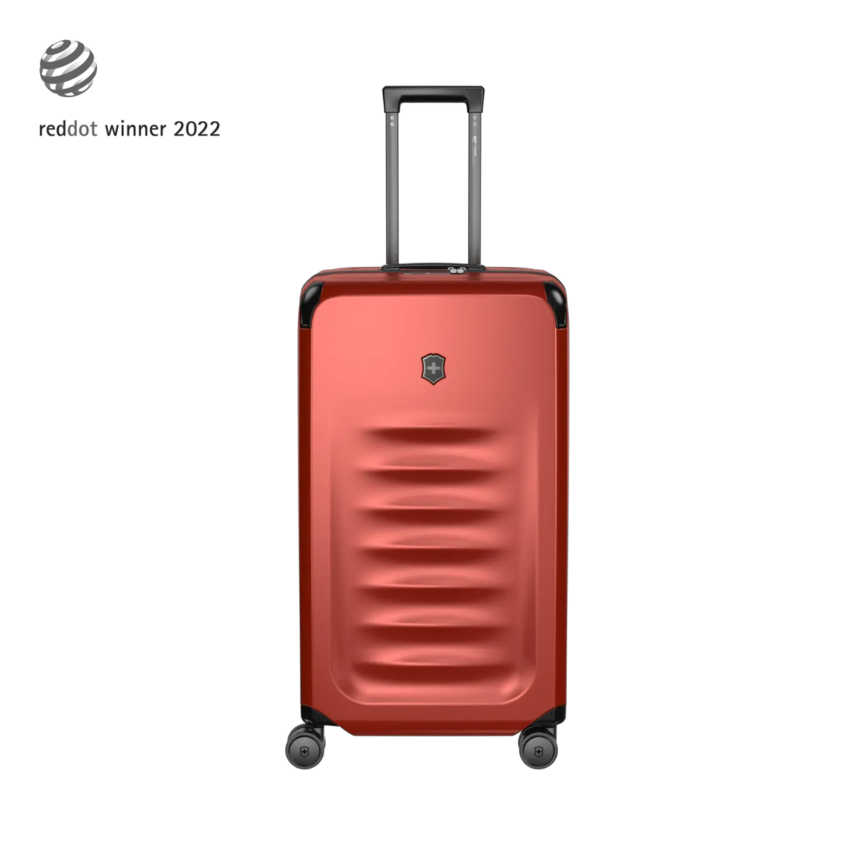 Red hardshell rolling suitcase with horizontal ridges and a retractable handle.