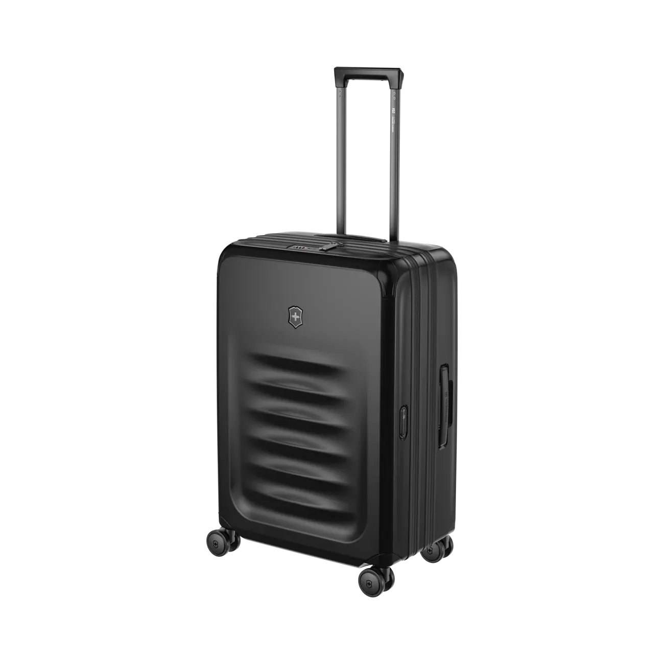 Black hardshell rolling suitcase with horizontal ridges on the front.