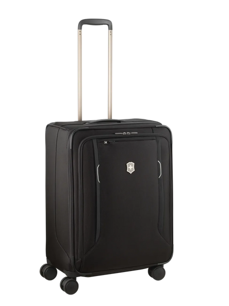 Black wheeled suitcase with an extendable handle.