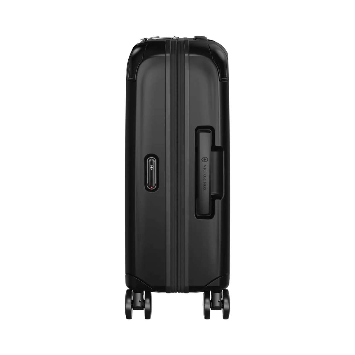 Black hardshell rolling suitcase with wheels and a retractable handle.