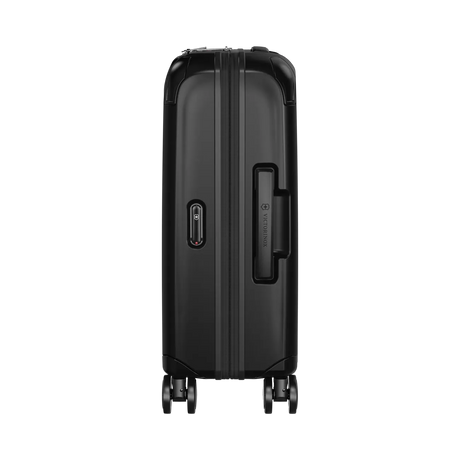Black hardshell rolling suitcase with wheels and a retractable handle.