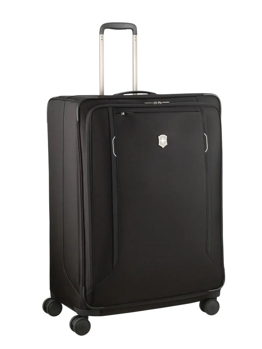 Black rolling suitcase with an extendable handle and wheels.