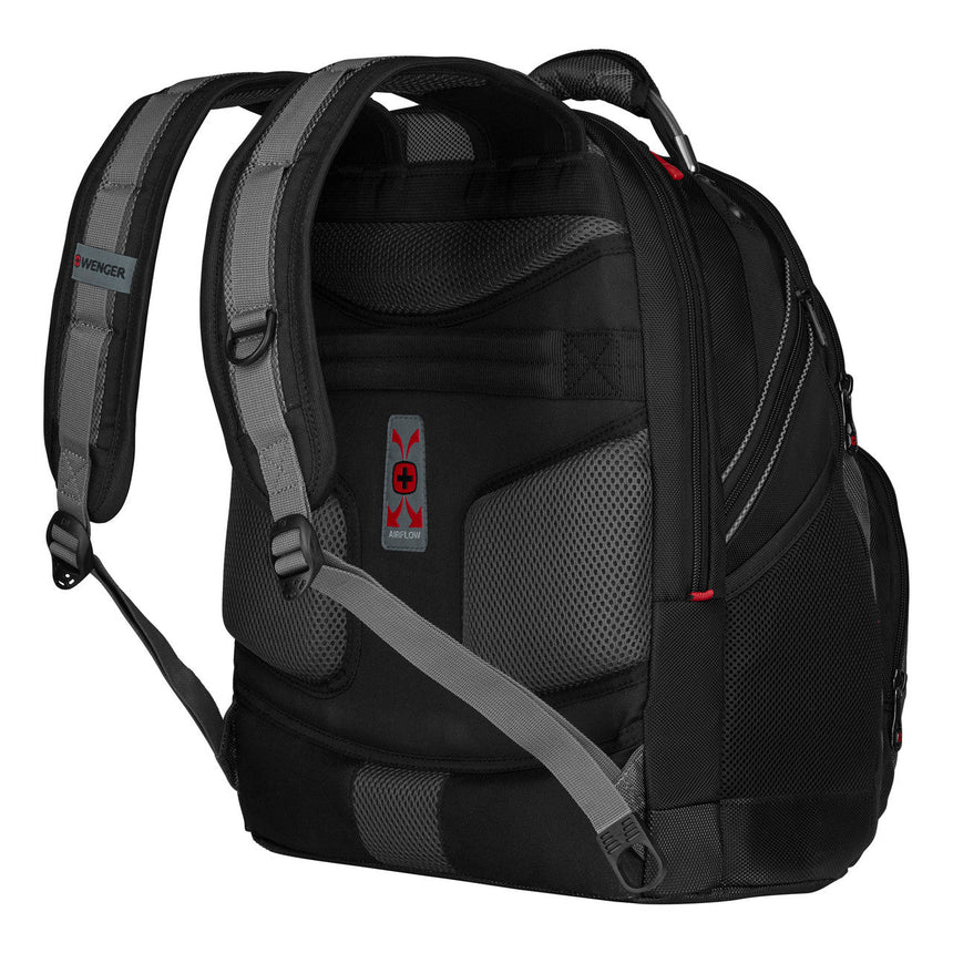 Black backpack with padded straps and multiple compartments.