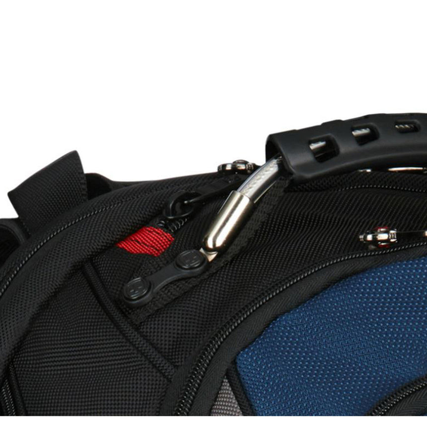 Pet carrier or travel bag with black fabric and blue mesh panels.