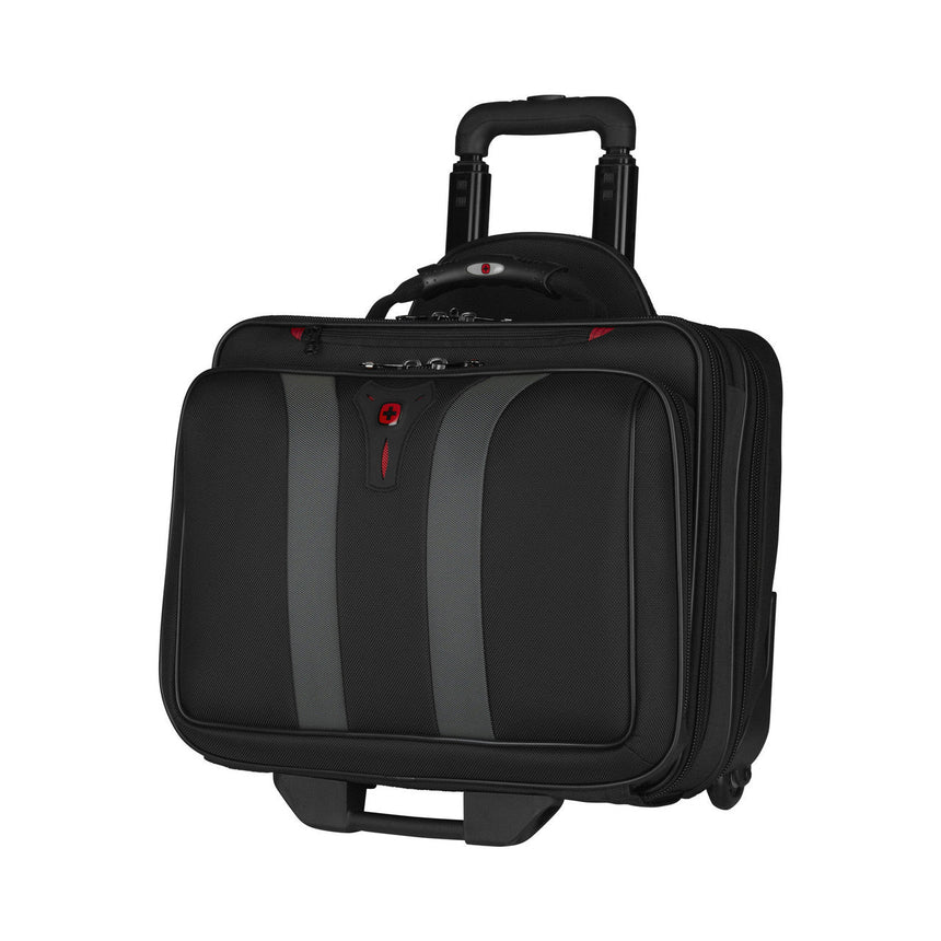 Black rolling laptop bag with gray accents and a retractable handle.