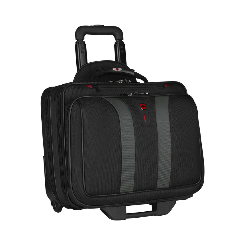 Rolling laptop bag or wheeled briefcase with a retractable handle.