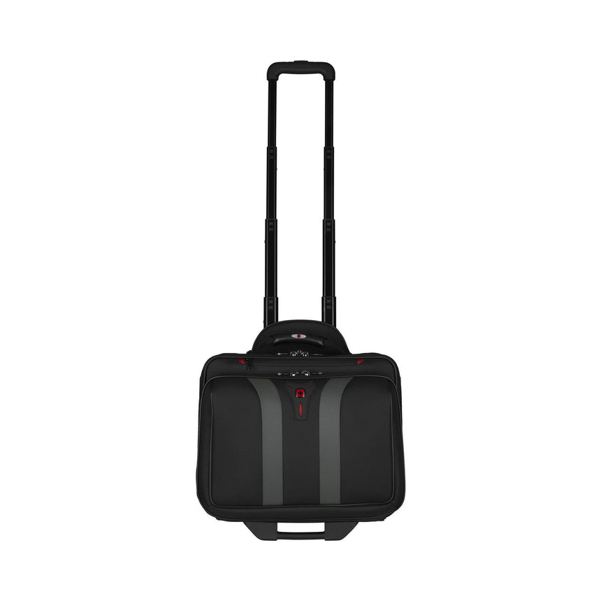 Black rolling laptop bag or briefcase with an extendable handle.