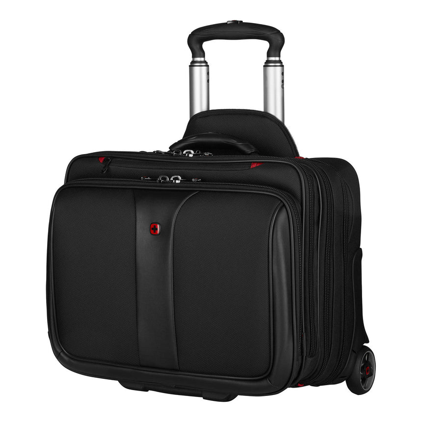 Black rolling laptop bag with multiple compartments and a telescoping handle.