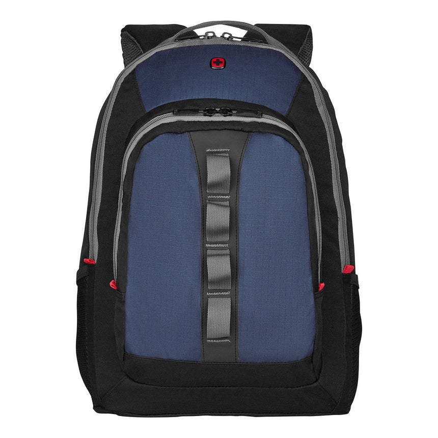 Blue and black backpack with red accents and a central vertical strap.