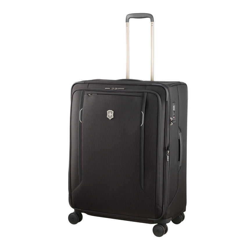 Black wheeled suitcase with an extendable handle.