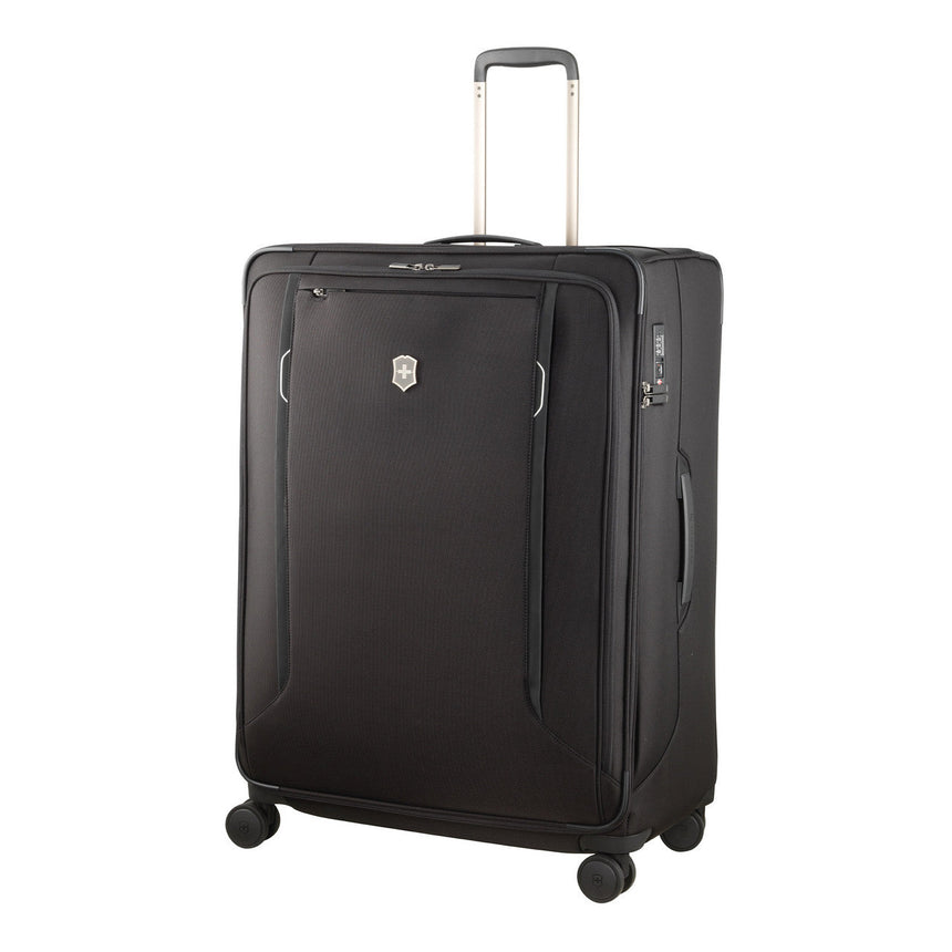 Black rolling suitcase with extendable handle and multiple compartments.
