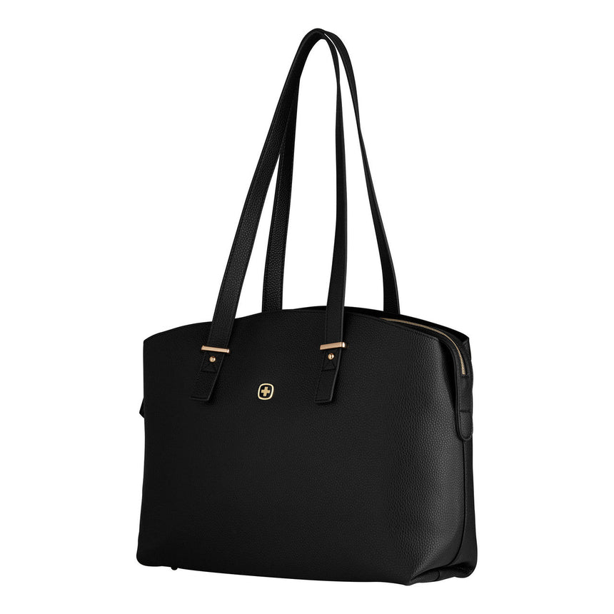 Black leather handbag with double handles and gold-tone hardware.