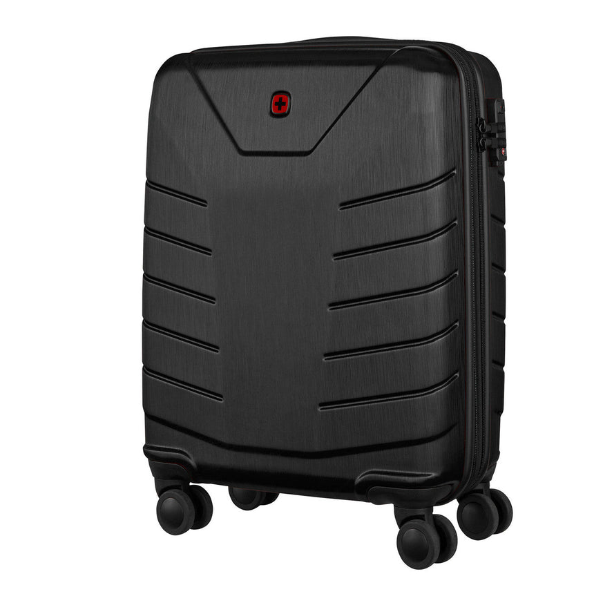 Black hardshell rolling suitcase with horizontal ridges and a red logo.