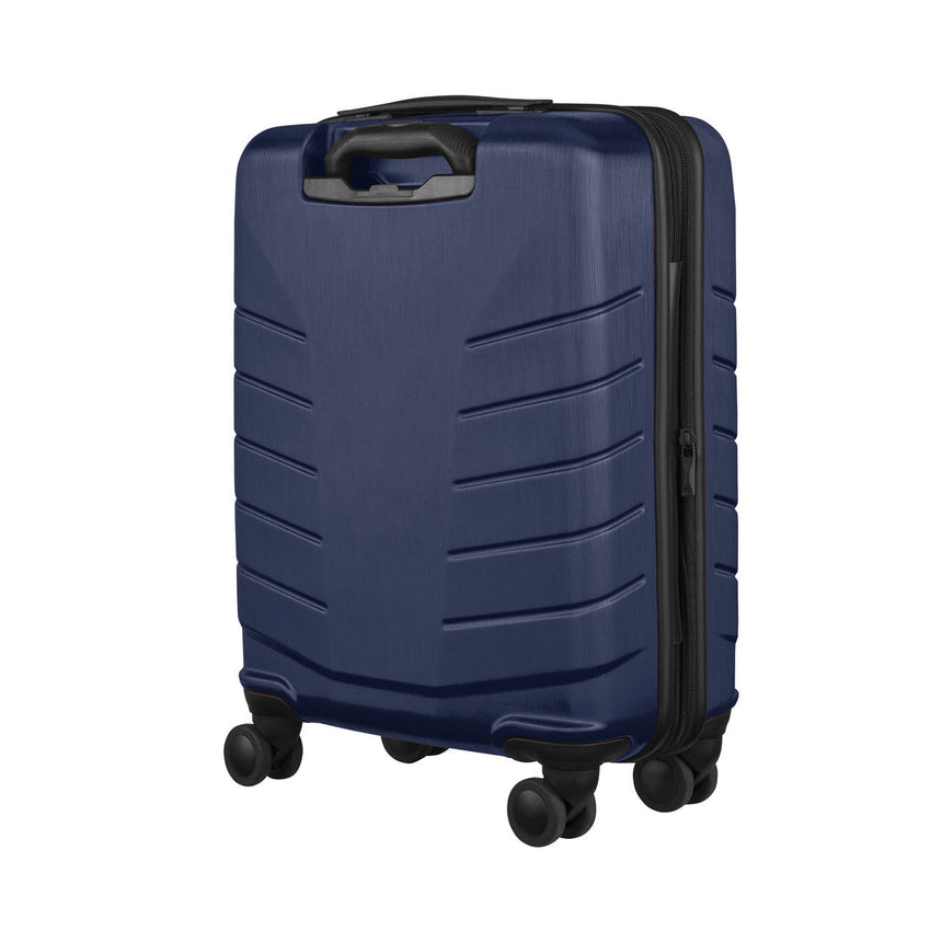 Navy blue hardshell rolling suitcase with horizontal ridges and wheels.