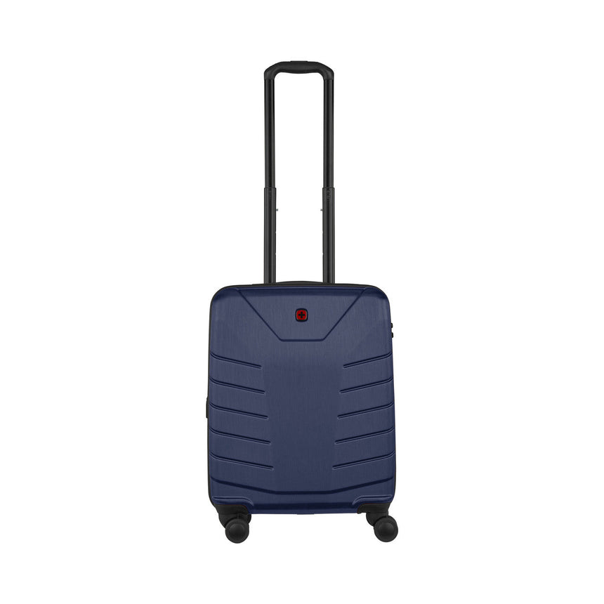 Navy blue hardshell suitcase with a retractable handle and wheels.