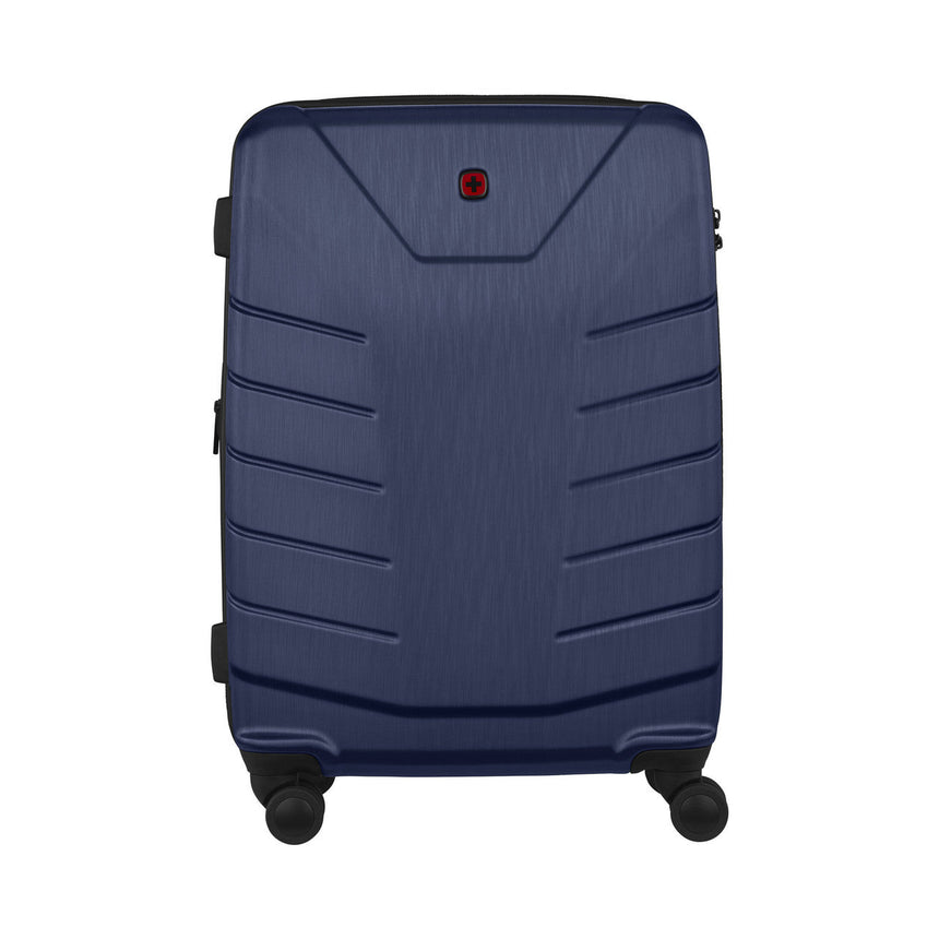 Navy blue hardshell suitcase with horizontal ridges and spinner wheels.