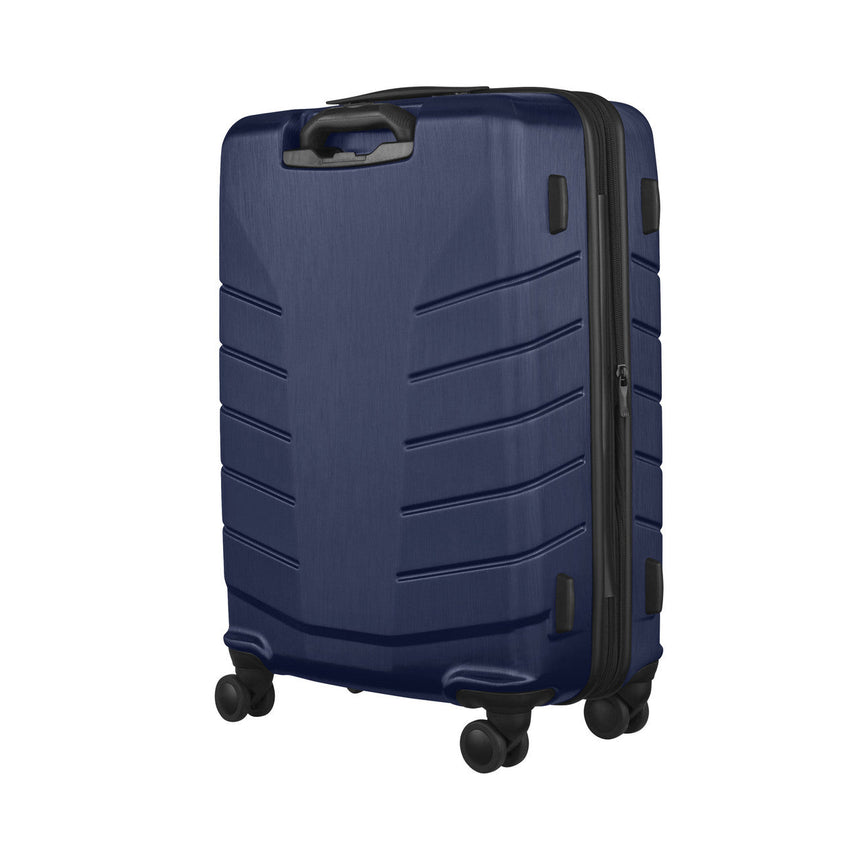 Navy blue hardshell rolling suitcase with horizontal ridges and a retractable handle.