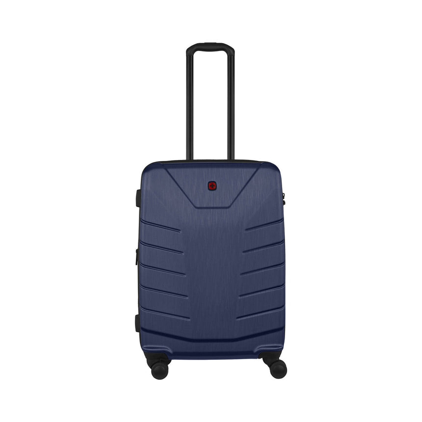 Navy blue hardshell suitcase with wheels and retractable handle.