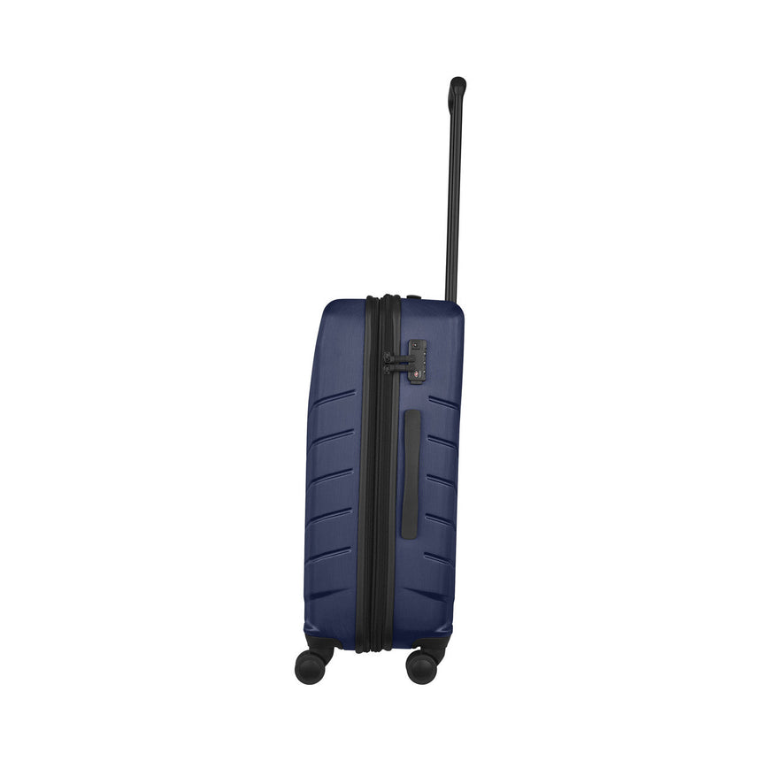 Navy blue hardshell rolling suitcase with an extendable handle.