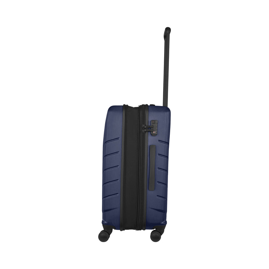 Navy blue hardshell rolling suitcase with extendable handle.
