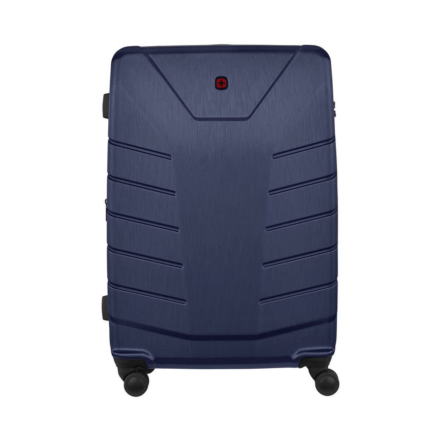 Navy blue hardshell suitcase with horizontal ridges and wheels.