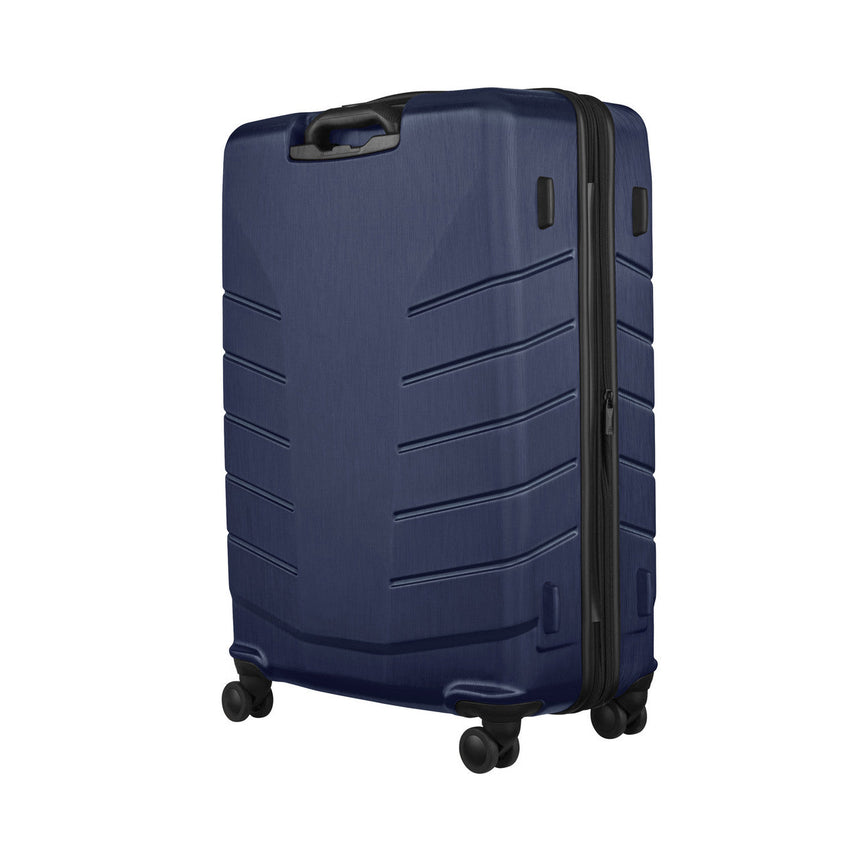 Navy blue hardshell suitcase with wheels and a retractable handle.