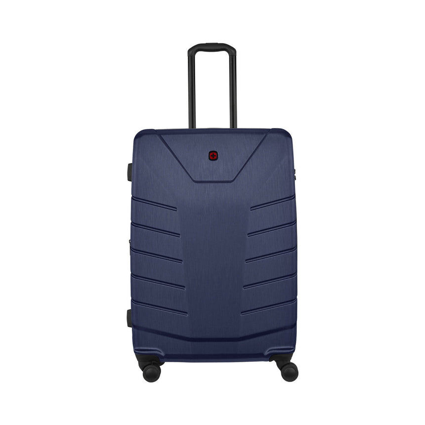 Navy blue hardshell rolling suitcase with horizontal ridges and an extendable handle.