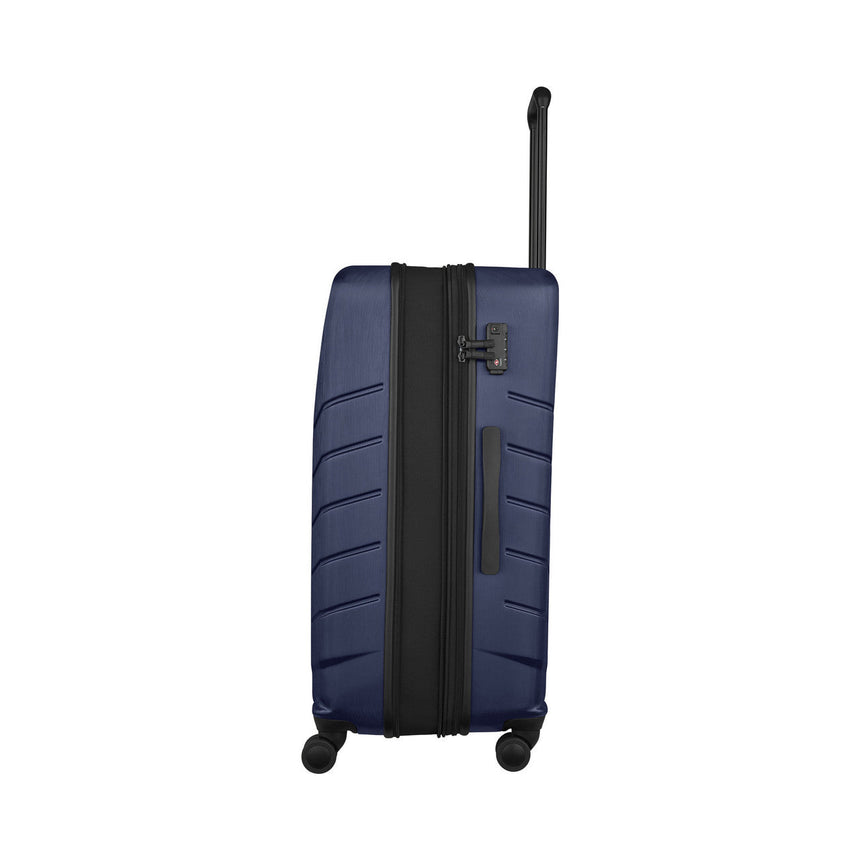Navy blue hardshell suitcase with wheels and a retractable handle.