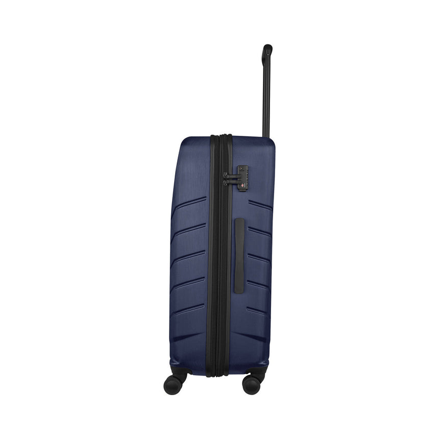 Navy blue hardshell suitcase with horizontal ridges and a telescoping handle.