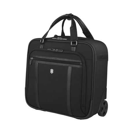 Black rolling laptop bag or briefcase with multiple compartments and handles.