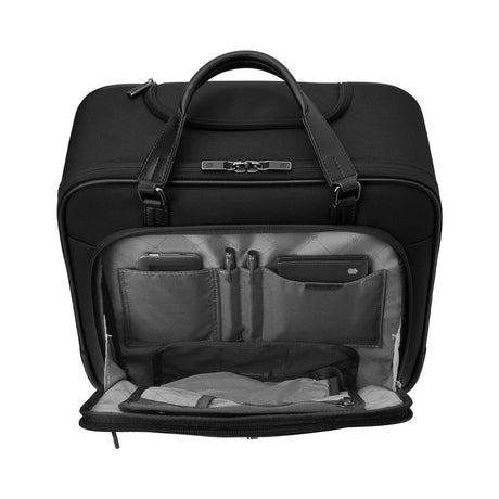 Black laptop bag with multiple compartments and carrying handles.