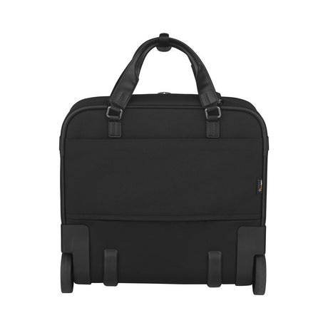 Black rolling briefcase with handles and wheels.