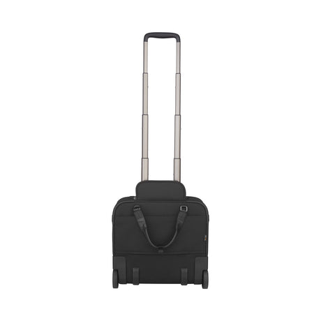 Rolling laptop bag with an extendable handle and wheels.