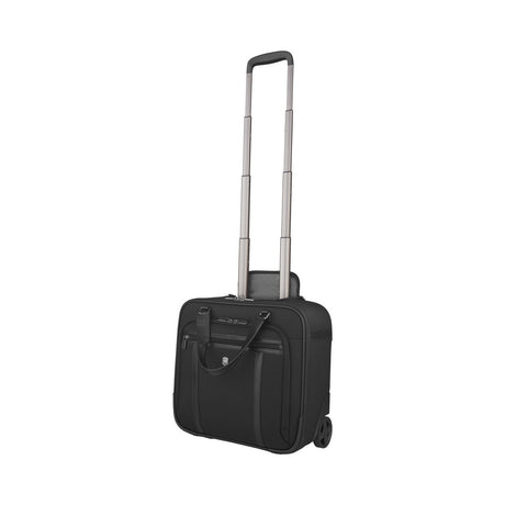 Black rolling briefcase with an extendable handle.