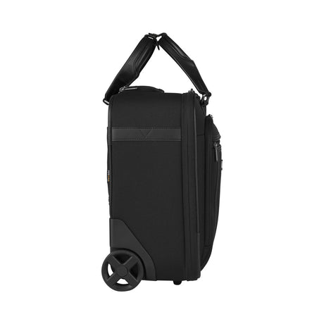 Black wheeled carry-on luggage or travel bag with a retractable handle.