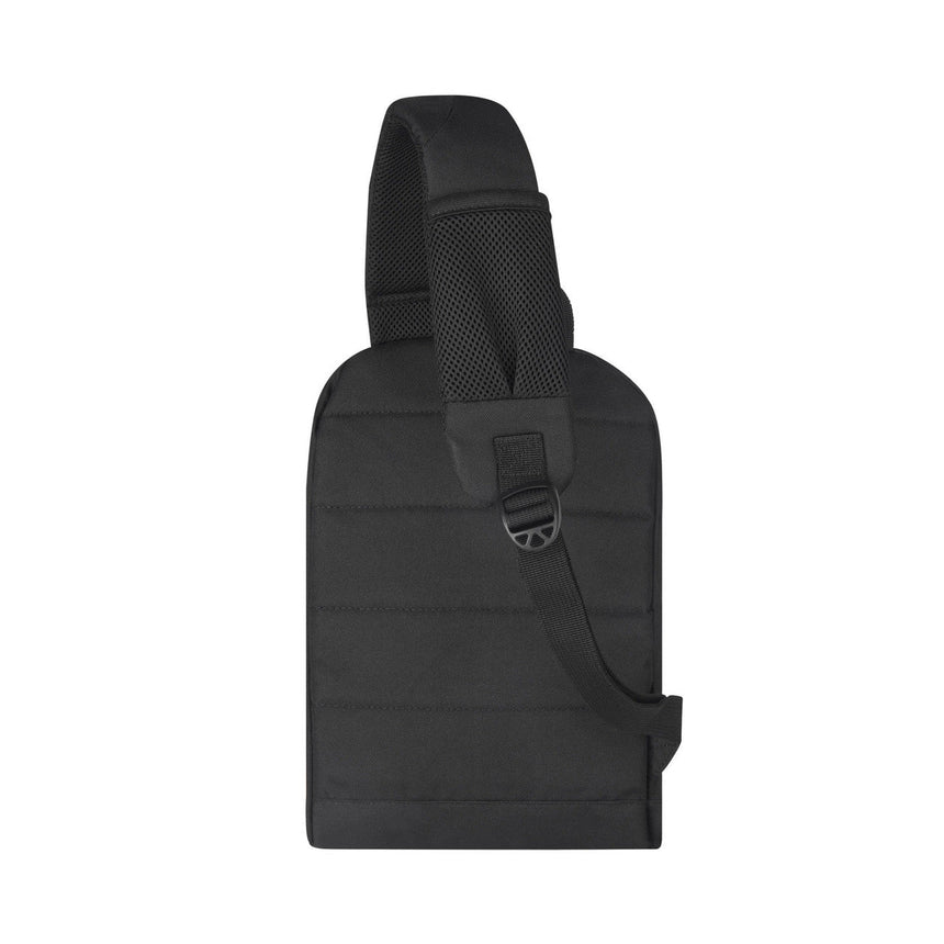 Black tactical sling bag with a single strap and mesh pocket.