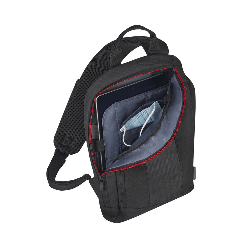 Black backpack with an open compartment showing a face mask inside.