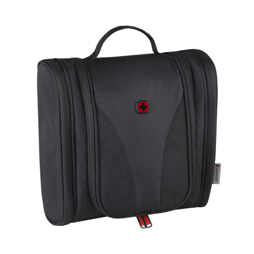Black toiletry bag with red accents and a hanging hook.