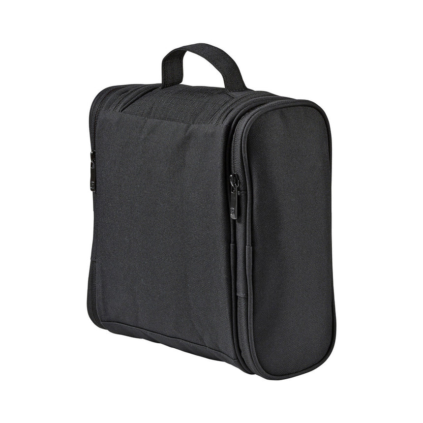 Black toiletry bag or travel kit with a handle and zipper.
