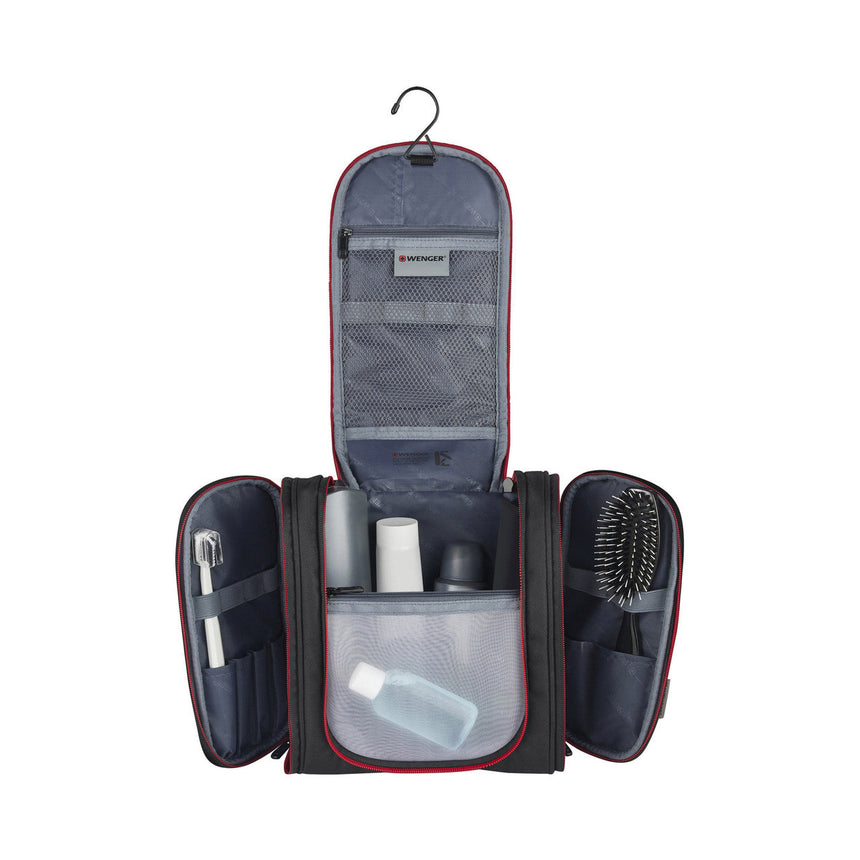 Toiletry bag or travel organizer with multiple compartments and a hanging hook.
