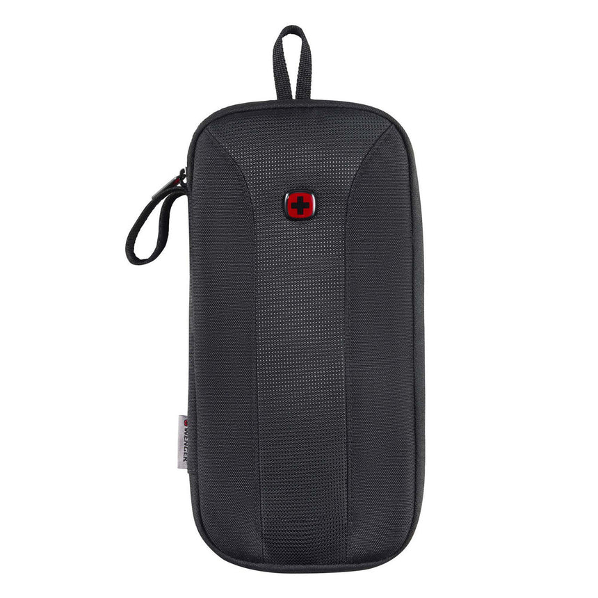 Black zippered travel pouch with a red Swiss Army logo.
